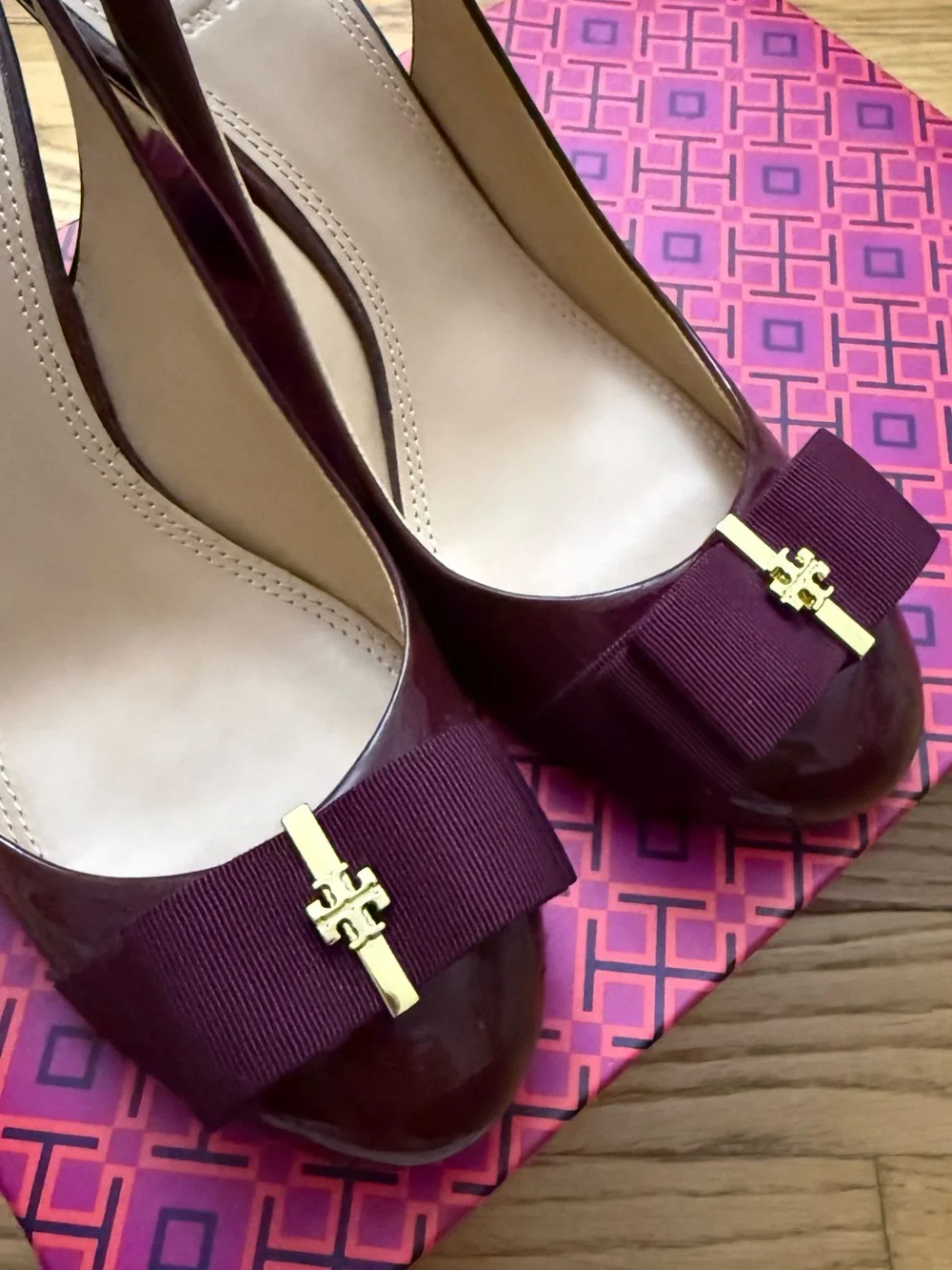 Tory Burch Patent Burgundy Slingback Pumps Wedge with Grosgrain Bow